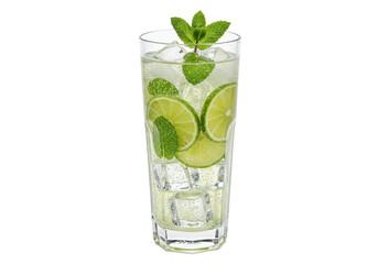 Refreshing mojito cocktail with lime and mint in a tall glass isolated, summer drink for party and celebration