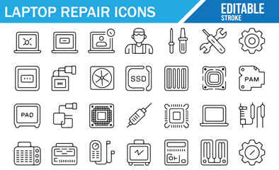 Editable Laptop Repair Illustration Set Featuring Components, Tech Support Tools, and Updates
