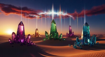 Magical Desert Sunset with Glowing Crystal Formations and Converging Energy Beams.