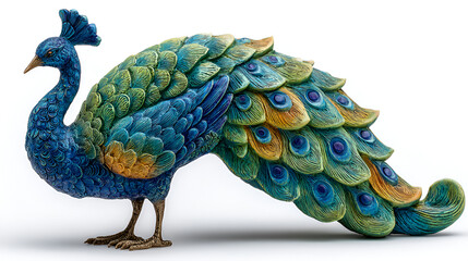 The bird is depicted with its tail fanned out, showcasing an elaborate pattern of feathers in brilliant shades of teal, emerald green, and deep blue. Each feather has a distinct "eye-spot" accented