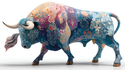 The color palette is exceptionally rich and bold, featuring dominant tones of deep blue, turquoise, pink, yellow, and orange, which flow across its form. The powerful pose and horns contrast