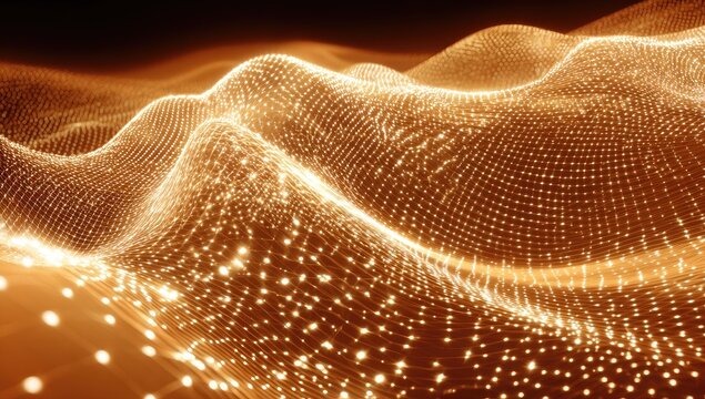 Rendered 3D abstract of flowing, glowing particles in wave-like formation, warm tones