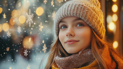 Happy young woman wearing winter clothes looking up at a Christmas decorated store showcase with lights and promotions, enjoying the magic of the holidays