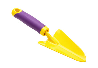 Yellow garden trowel with purple handle isolated, gardening hand tool for planting and digging in the garden PNG