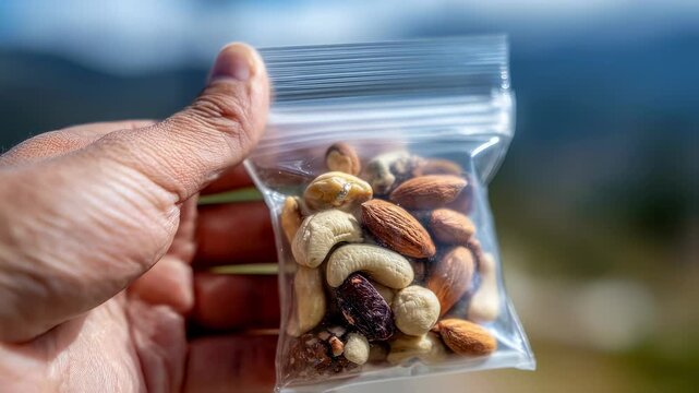Medium shot of resealable nut snack pack held in hand focusing on easyopen zipper with blurred natural background for outdoor convenience.