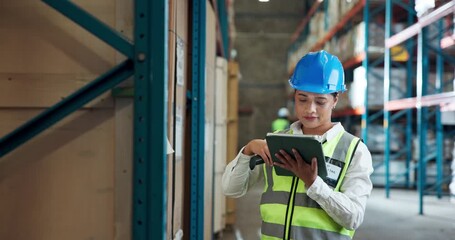 Logistics, tablet and scan with woman in warehouse for delivery confirmation, shipping or storage. Inspection update, digital inventory or cargo label with person in factory for email tracking link - Powered by Adobe