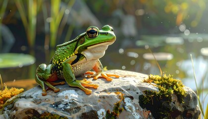 Frog on rock, pond backdrop
