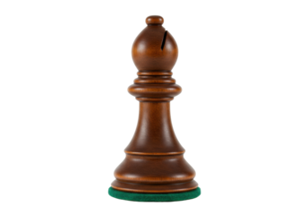 Dark brown wooden bishop chess piece isolated, classic game strategy and tactics on transparent background PNG