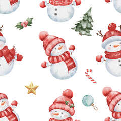 Seamless Christmas watercolor pattern with cheerful snowmen wearing red hats and scarves, Christmas tree, gold star, and Christmas tree baubles on white background