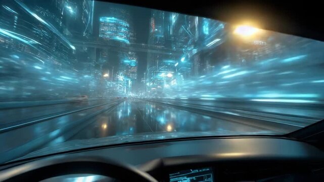 Futuristic cityscape viewed through car windshield at night  