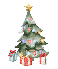 Watercolor illustration of Christmas tree with snow, multicolored garlands, lights, and red, white, and green gifts. Isolated on white background. New Year celebration.