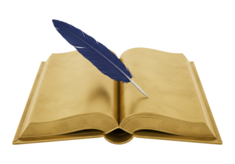 Open golden book with blue quill pen isolated on transparent background, antique writing instrument for education and literature