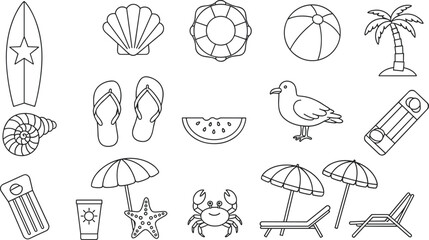 Beach icon set, summer vector, surfboard, sunscreen, umbrella, crab, seashell, palm tree, watermelon, flip-flops, holiday elements, outline design