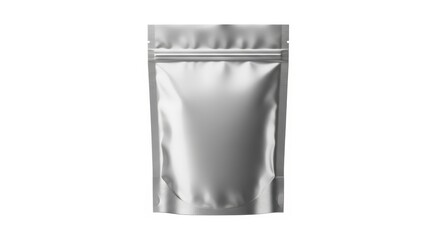 Silver Stand-Up Pouch - Blank, Metallic Packaging for Food or Product Display, Isolated on White.