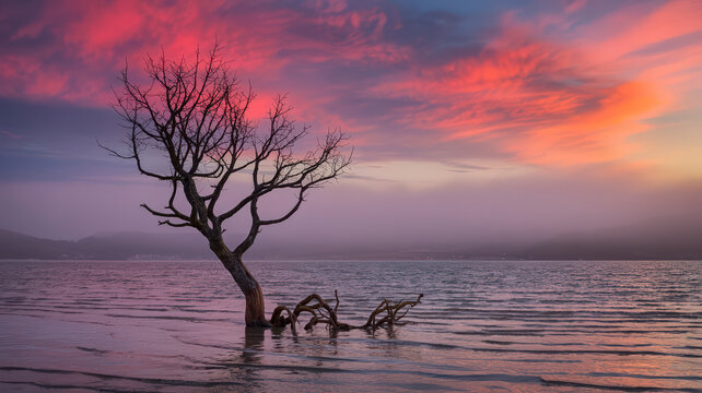 Bare Tree Silhouette Standing in Ocean Water at Sunset with Dramatic Pink and Orange Sky Landscape View