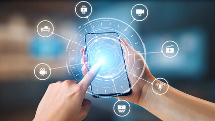 Multimedia technology with video, audio, photo and streaming icons representing digital media, communication and online platforms in a modern multimedia world. Gist