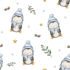 Seamless watercolor pattern with cute penguin wearing blue hat and scarf. Gold stars, green twigs, red berries on white background. Children style illustration. The spirit of Christmas and New Year. © Oksana
