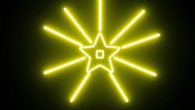 Neon star with bright yellow rays on a dark background  