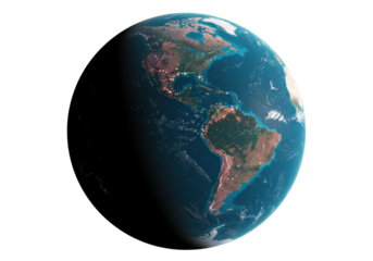Earth from space PNG isolated on transparent background, showing North and South America with city lights at night, planet globe