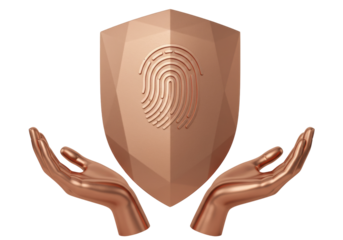 Copper shield with fingerprint isolated on transparent PNG, security concept for data protection and biometric authentication