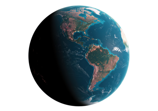 Earth from space PNG isolated on transparent background, showing North and South America with city lights at night, planet globe