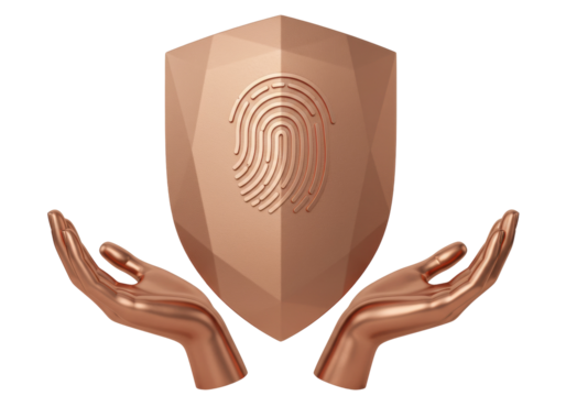 Copper shield with fingerprint isolated on transparent PNG, security concept for data protection and biometric authentication - Powered by Adobe