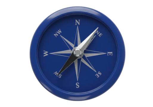 Blue compass isolated on transparent background, navigational tool for direction finding and outdoor adventure