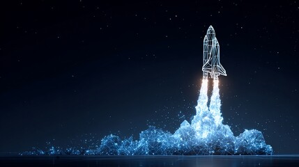 Digital space shuttle launching, glowing with energy, against dark starry background