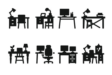 Desk Setup Icons. Solid, filled icon set of desk setups: minimalist, traditional, modern, industrial, rustic, ergonomic, creative, tech-heavy. [Solid, filled