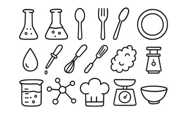 Fototapeta premium Molecular Gastronomy Doodles. Hand-drawn doodle illustration Molecular gastronomy test tube, flask, spoon, fork, plate, droplet, pipette, whisk, foam bubble,