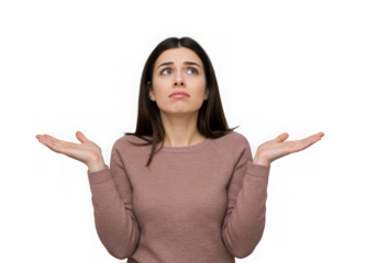 Confused young woman shrugging shoulders looking up isolated on transparent background