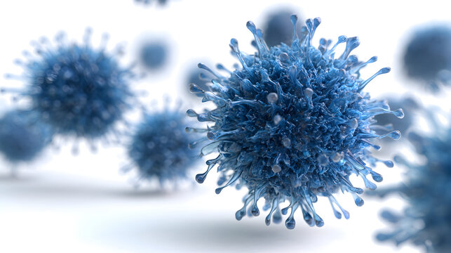 Microscopic view of blue spherical virus cells for scientific study and education