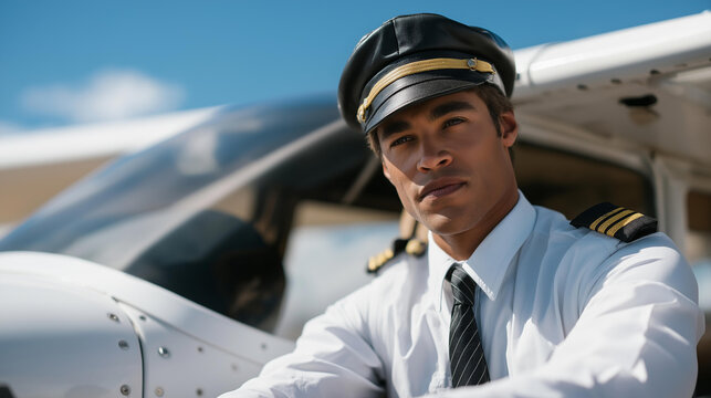 A pilot performing a walk-around inspection, closely examining control surfaces, fuel caps, and pitot tubes, symbolizing thoroughness, professional responsibility, and safety-first aviation