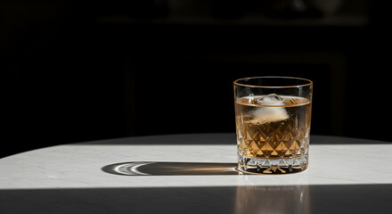 A Minimalist photograph of a Paloma in a crystal tumbler on a pristine surface in an Amsterdam canal-side apartment. Refracted light through liquid and condensation on the glass create a 