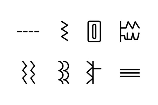 Sewing Stitches Icons. Outline icon set of sewing machine stitches: straight stitch, zigzag stitch, buttonhole stitch, blind hem, stretch stitch, decorative