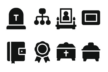 Ancestral Heritage Icons. Solid, filled icon set of ancestral heritage: tombstone, genealogy chart, ancestral altar, family heirloom, memorial plaque, old