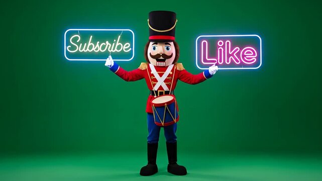 Nutcracker Drummer Mascot with Neon Signs - A vibrant Nutcracker drummer mascot stands against a green backdrop, holding a neon "Subscribe" sign in one hand and a neon "Like" sign in the other.