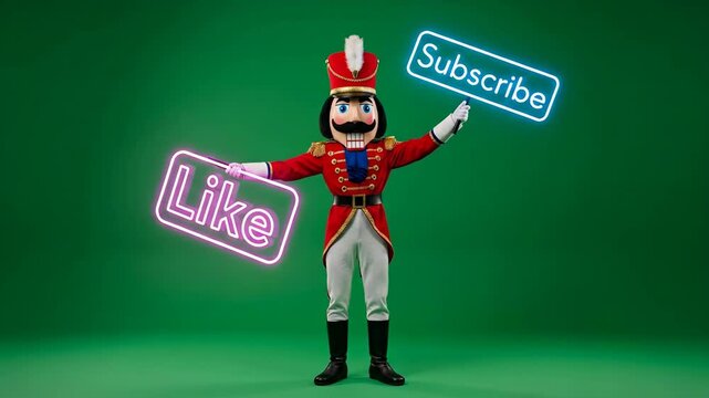 Nutcracker Mascot Promoting Engagement - A vibrant Nutcracker mascot stands against a green background, energetically holding a neon sign that says "Like" in one hand and "Subscribe" in the other.