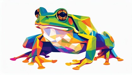 Polygonal geometric frog with colorful low poly shapes, vector art on white background. Modern abstract amphibian illustration, wildlife, creative pop style, bright nature, digital design.