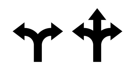 Arrow way 2 direction and 3 road path icon. Crossroad three arrow way, split fork decision