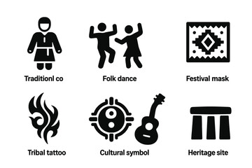 Fototapeta premium Cultural Icon Set. Solid, filled icon set of cultural accents: traditional costume, folk dance, festival mask, ethnic patterns, tribal tattoo, cultural symbol,