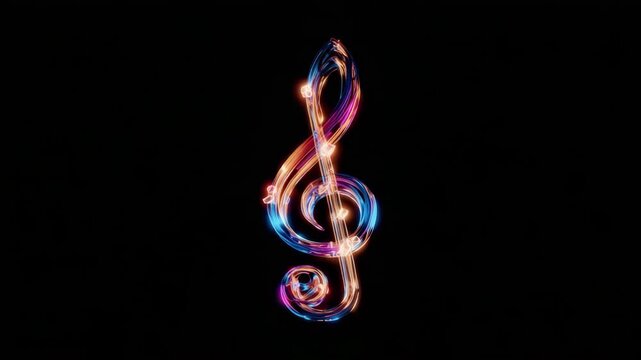 Colorful musical treble clef design with glowing lights on black background  
