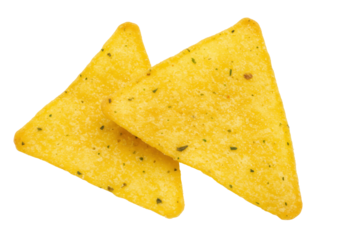 Two yellow tortilla chips isolated on transparent background, crispy triangle snacks for party food and appetizer