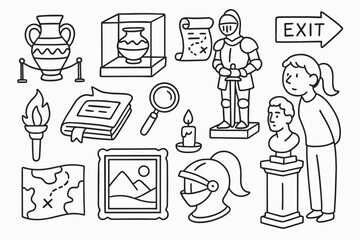 Museum Artifact Doodles. Hand-drawn doodle illustration Viewing artifacts in museum ancient vase, display case, knight armor, scroll, statue bust, old book,