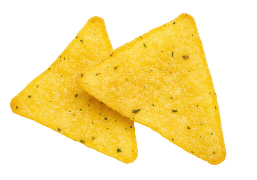 Two yellow tortilla chips isolated on transparent background, crispy triangle snacks for party food and appetizer