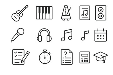 Music and Exam Icons. Outline icon set of music practice: guitar, piano keys, metronome, sheet music, microphone, headphones, music notes, speaker. Line icons