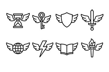 Winged Icon Set. Outline icon set of winged objects: winged hourglass, winged key, winged shield, winged sword, winged globe, winged lightning, winged book,