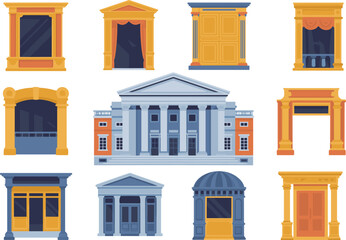 Flat design vector illustration of classical architecture elements, ancient columns, decorative arches, theatre stage