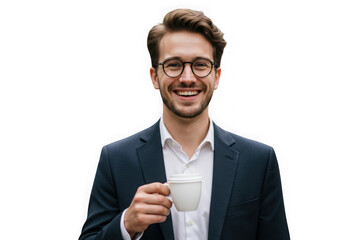 Smiling man in suit holding coffee cup isolated on transparent background