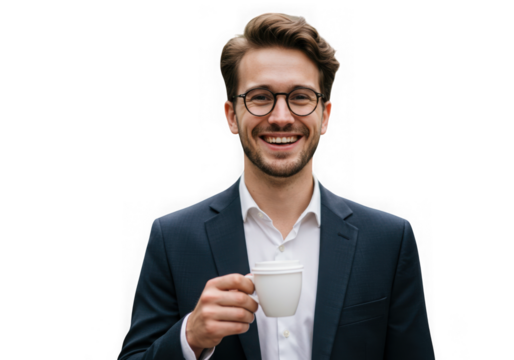 Smiling man in suit holding coffee cup isolated on transparent background